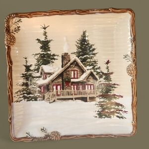 St. Nicholas Square Holiday Cabin Plate - Brown, Green, Red, White